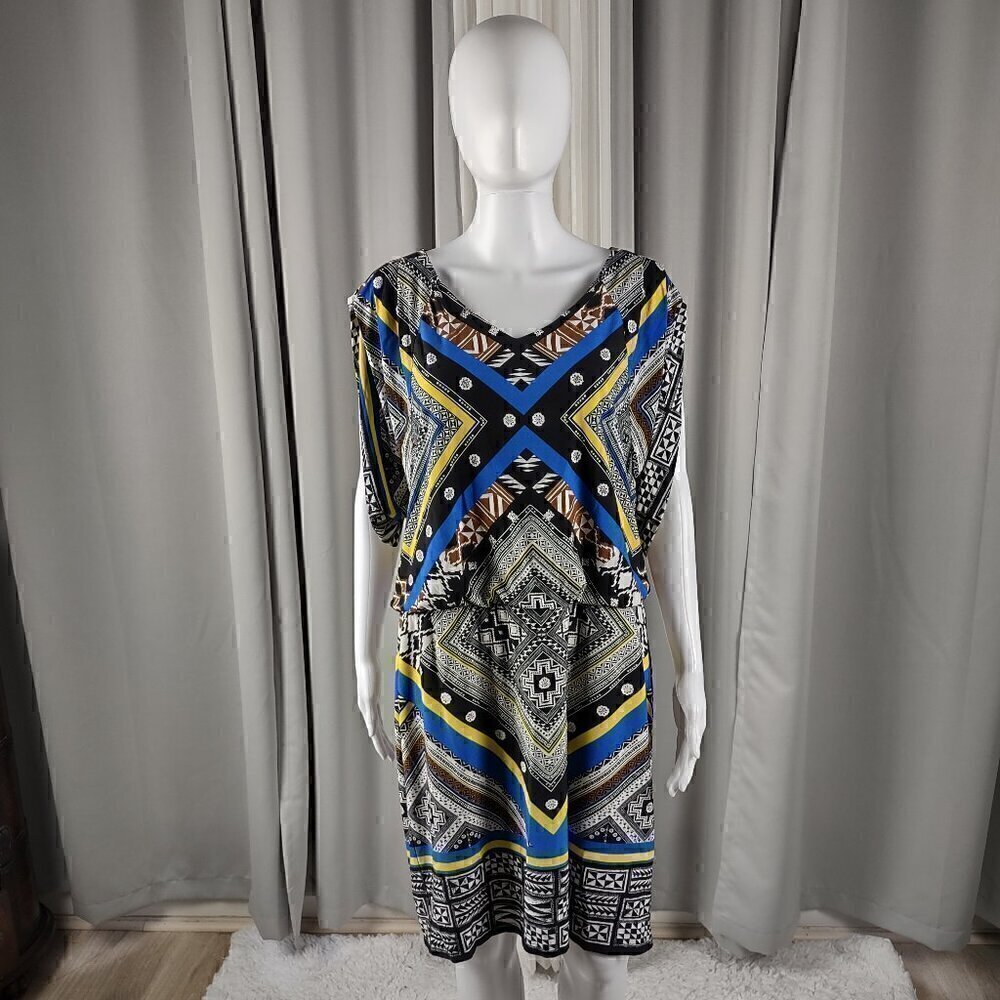 Emma & Michele Blue & Black Geometric V-Neck Stretch Blouson Shirt Dress Size L